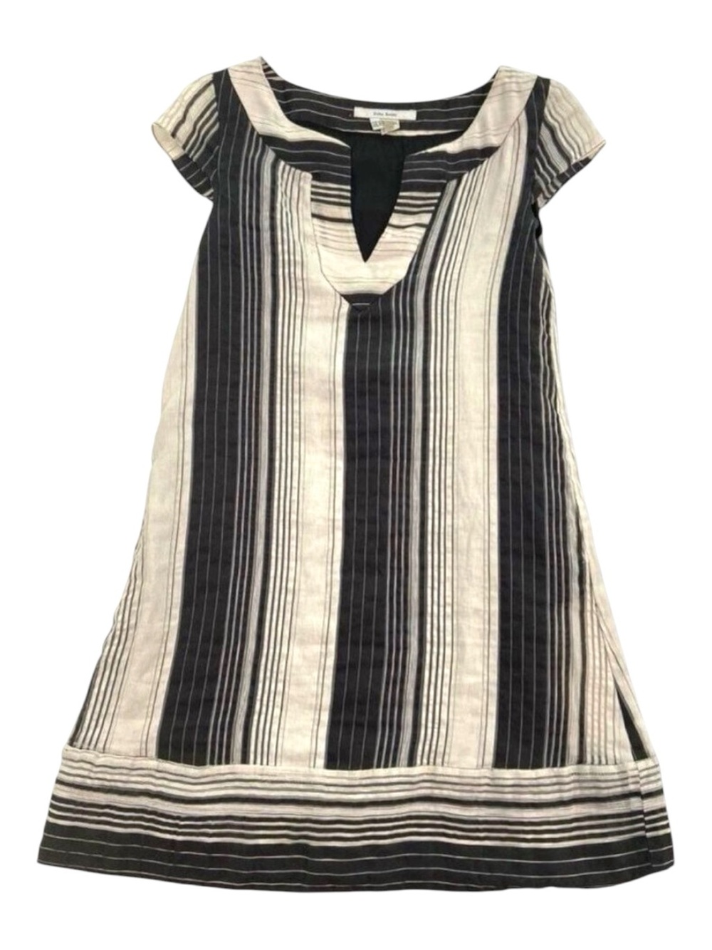 Zara basics Linen blend mini dress vertical stripes white grey black pockets Med